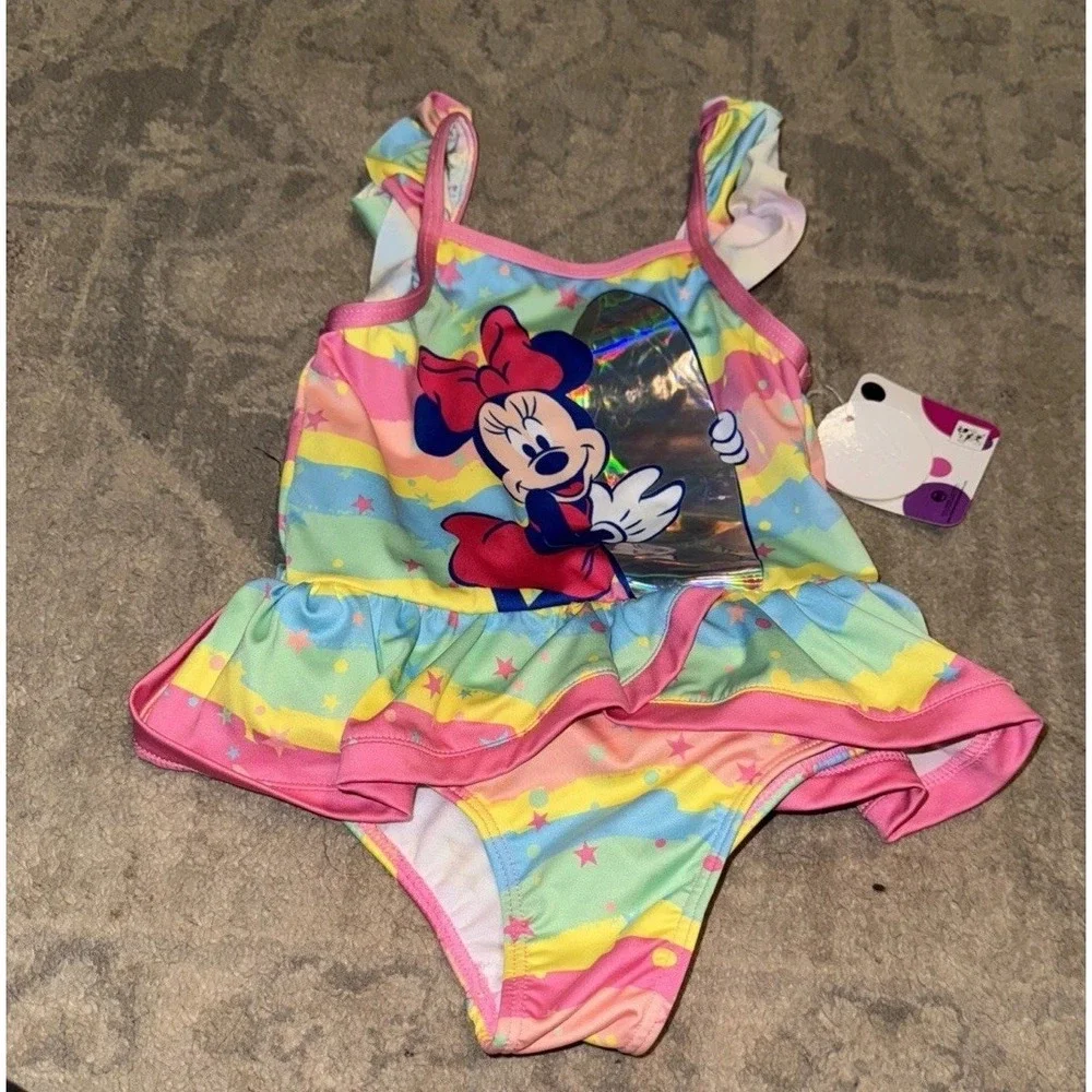Minnie Swimsuit Pink Multi Toddler Sz‎ 24M 24 Month UPF 50 Ruffle One Piece New